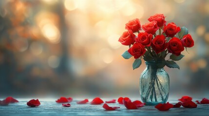 Wall Mural - Red roses in a glass vase on wooden table with petals.