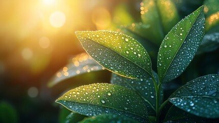 Wall Mural - Dew drops on vibrant green leaves at sunrise.