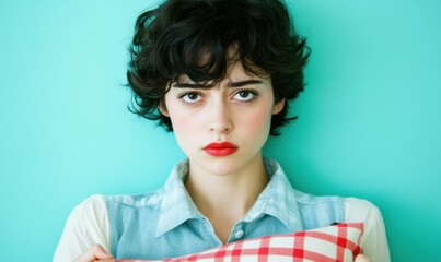 Sticker - A young woman with short curly hair holds a checkered pillow. AI.