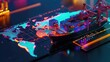 © WACHI - A vibrant digital representation of global shipping and trade, featuring a cargo ship on a neon-lit map.
