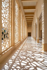 Wall Mural - Light-patterned shadows on a long hallway floor.