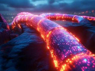 Wall Mural - Glowing futuristic data pipes on rocks at night.