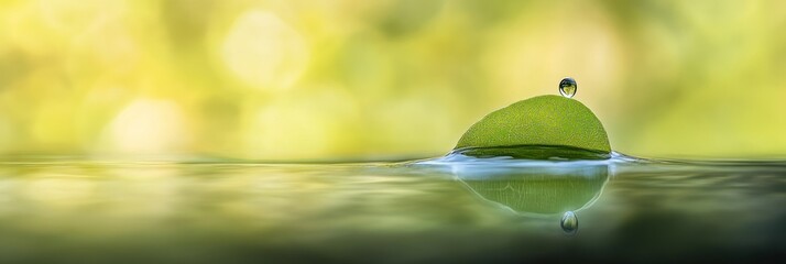 Poster - Tranquil scene of a water droplet on a leaf floating on calm water, reflecting a serene natural environment.