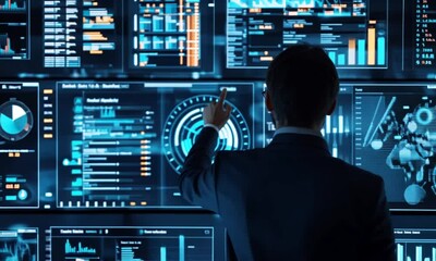 Poster - Businessman Analyzing Data on Futuristic Interactive Screens in a Modern Office Setting