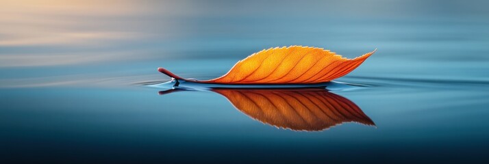 Poster - Single orange leaf floats on calm blue water, reflecting perfectly.