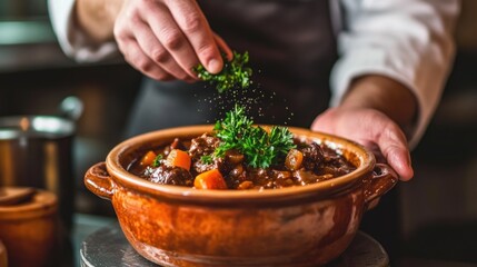 Poster - Chef garnishing hearty beef stew in rustic brown pot.