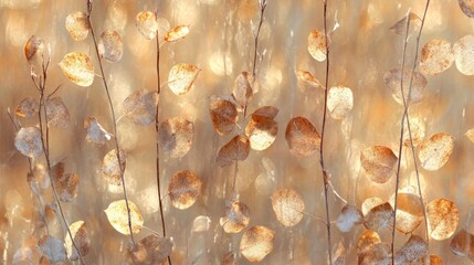 Poster - Golden autumn leaves on slender branches, blurred background.