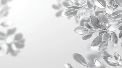 Poster - Monochrome silver leaves with soft shadows on a white background.