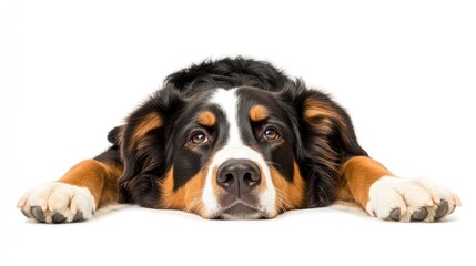 Poster - Adorable Bernese Mountain Dog lying down, looking at camera against white background.