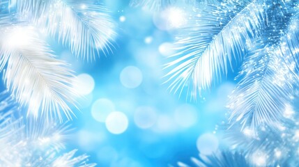 Poster - Sparkling winter palm leaves on a bright blue bokeh background.