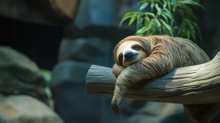Aufkleber - A sloth rests peacefully on a tree branch, showcasing its relaxed posture and serene expression.