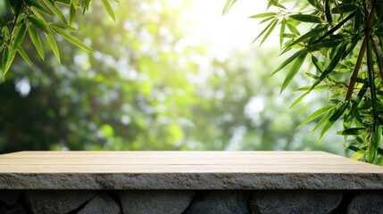 Aufkleber - Empty wooden table top with blurred bamboo forest background.