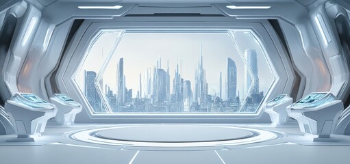 Poster - Futuristic spaceship interior overlooking a modern city.
