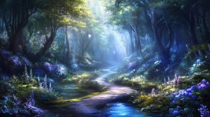 Poster - Magical forest path with vibrant flowers, sunlight streaming through trees, and a tranquil stream.