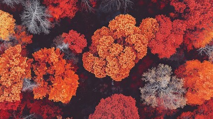Aufkleber - Aerial view of autumn forest with vibrant red, orange, and yellow foliage.