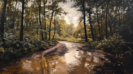 Poster - Muddy forest path with water reflecting trees after rain.
