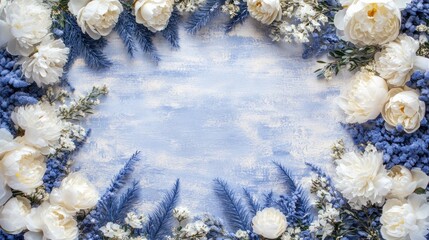 Leinwandbilder - White and blue flowers arranged in a frame on a textured background.