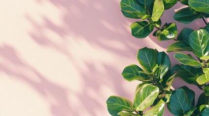 Aufkleber - Lush green foliage with shadow on pink background.