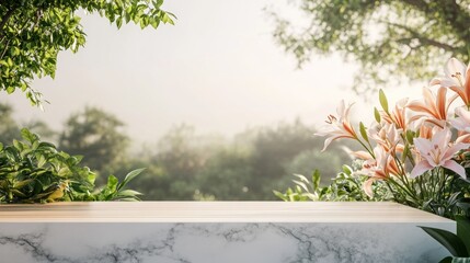 Aufkleber - Marble platform with lilies and lush greenery background.
