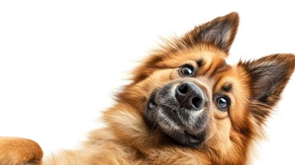 Aufkleber - Close-up of a curious, fluffy brown dog looking up, isolated on white background.