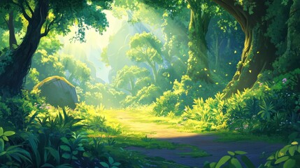 Poster - Sunlit path through lush green forest, vibrant foliage, dappled light.