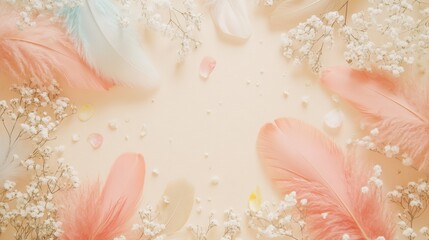 Poster - Pastel pink and blue feathers and baby's breath flowers arranged on a peach background.