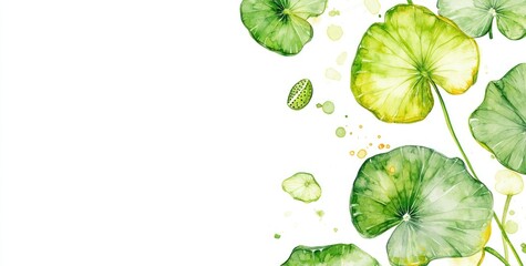 Poster - Watercolor painting of green leaves and water droplets on white background.