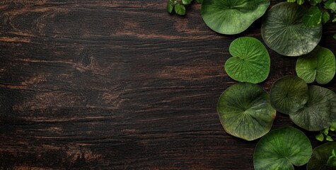 Aufkleber - Lush green leaves arranged on dark wood background; copy space.