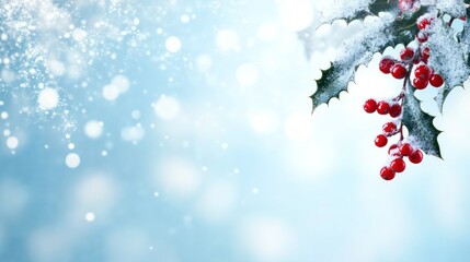 Poster - Snowy holly branch with red berries against a bokeh background.