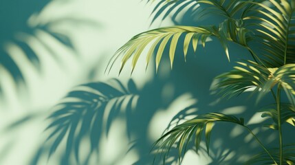 Aufkleber - Palm leaves cast shadows on a light green wall.