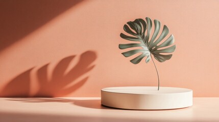 Poster - Single tropical leaf on a white pedestal against a peach background with dramatic lighting and shadow.
