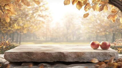Aufkleber - Autumnal scene with stone surface, two red apples, and blurred background of golden trees.