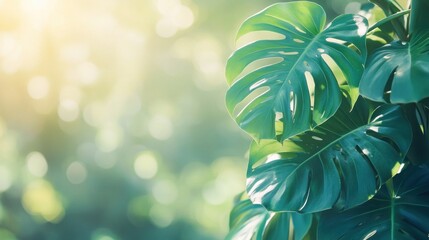 Poster - Lush green monstera leaves with sunlit bokeh background.