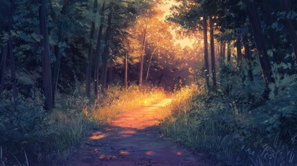 Aufkleber - Sunlit path through a lush green forest at sunset.