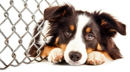 Poster - Adorable border collie puppy lying sadly near a chain link fence on white background.
