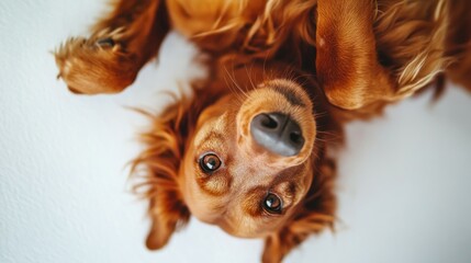 Poster - Adorable red dog lying on its back, playful expression, paws in the air.