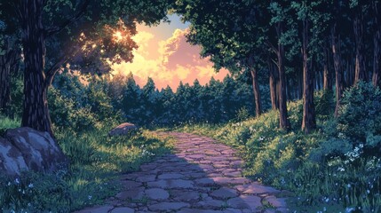 Aufkleber - Sunlit stone path winding through lush green forest, sunset.