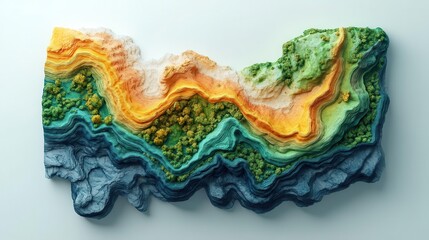 Poster - A colorful, textured landscape model showcasing layers of earth in vibrant shades of green, orange, and blue.