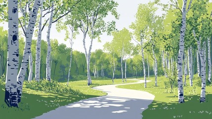 Poster - Winding path through sun-dappled birch forest, green foliage, bright sunlight.
