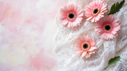 Leinwandbilder - Pink gerbera daisies arranged on delicate white lace fabric against a soft pink background.