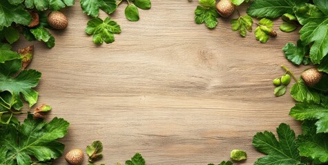 Aufkleber - Flat lay of green leaves and acorns arranged on wooden background.