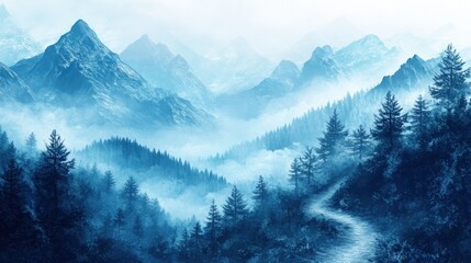 Aufkleber - Serene misty mountain landscape with winding path through coniferous forest.