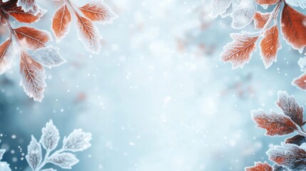 Poster - Frost-covered autumn leaves frame a soft, wintery background.