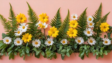 Poster - Flat lay of white and yellow daisies, ferns, and herbs on pink background.