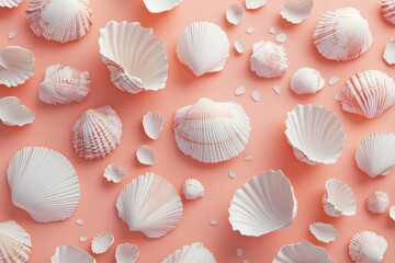 Poster - Flat lay of various seashells on a coral background.