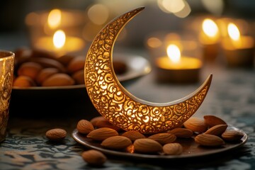 Aufkleber - Ornate crescent moon candle holder with almonds and candles on a table.