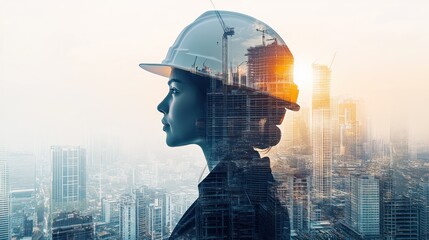 Poster - Double exposure of a female engineer's profile and a cityscape under construction.