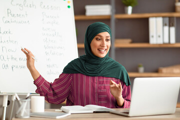 Aufkleber - Online Education Concept. Portrait of smiling lady arabic teacher in hijab pointing at whiteboard, explaining English grammar rules to students. Excited woman looking at laptop screen, talking
