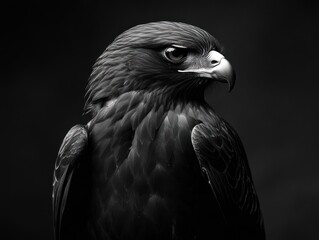 Poster - Monochrome close-up portrait of a hawk, showcasing its intense gaze and detailed feathers against a dark background.