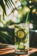 Poster - Refreshing cucumber mint cocktail in a glass with ice, garnished with cucumber slices and mint leaves, on a wooden table outdoors.